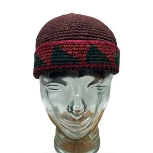 HANDMADE Crochet Kufi Skull Cap Adult OS Boho Tribal Fishermans Watch Hat Red